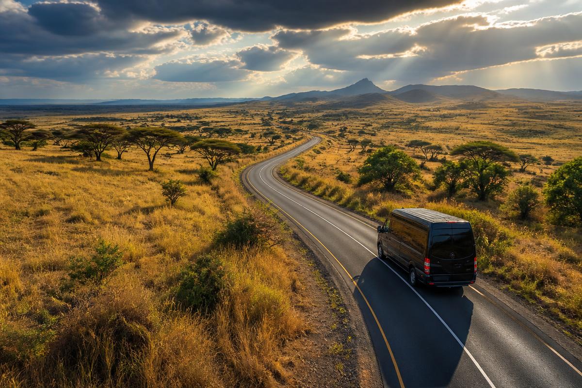 Premium transfer vehicle on a regional road through the Southern African savannah