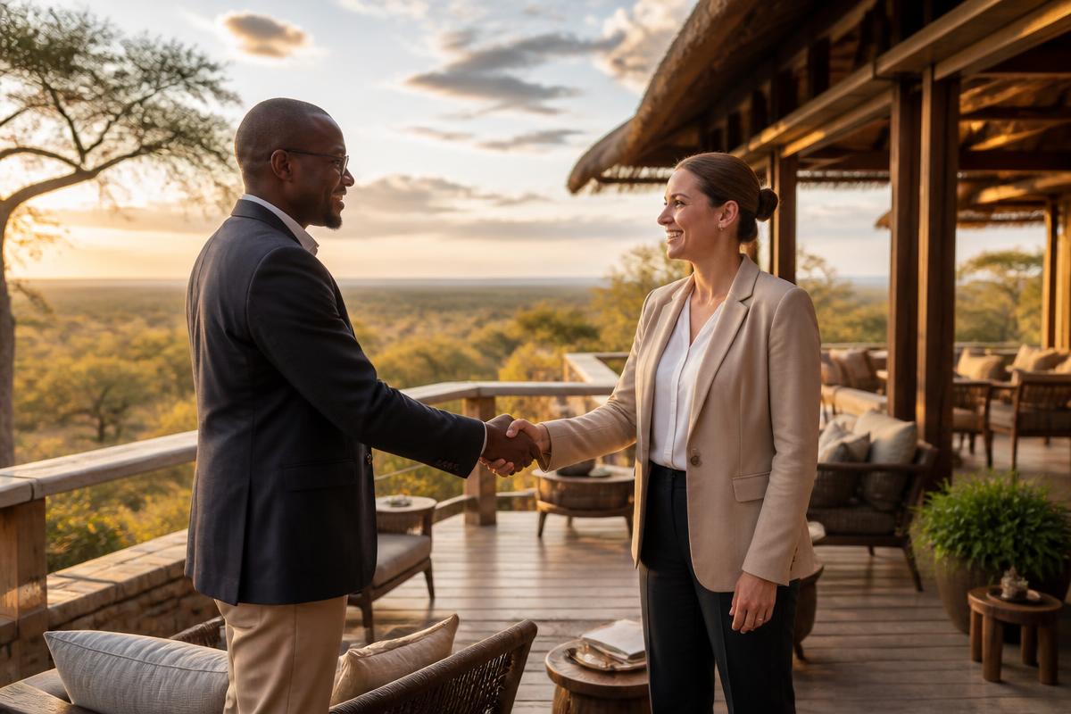 Partner handshake at a safari lodge