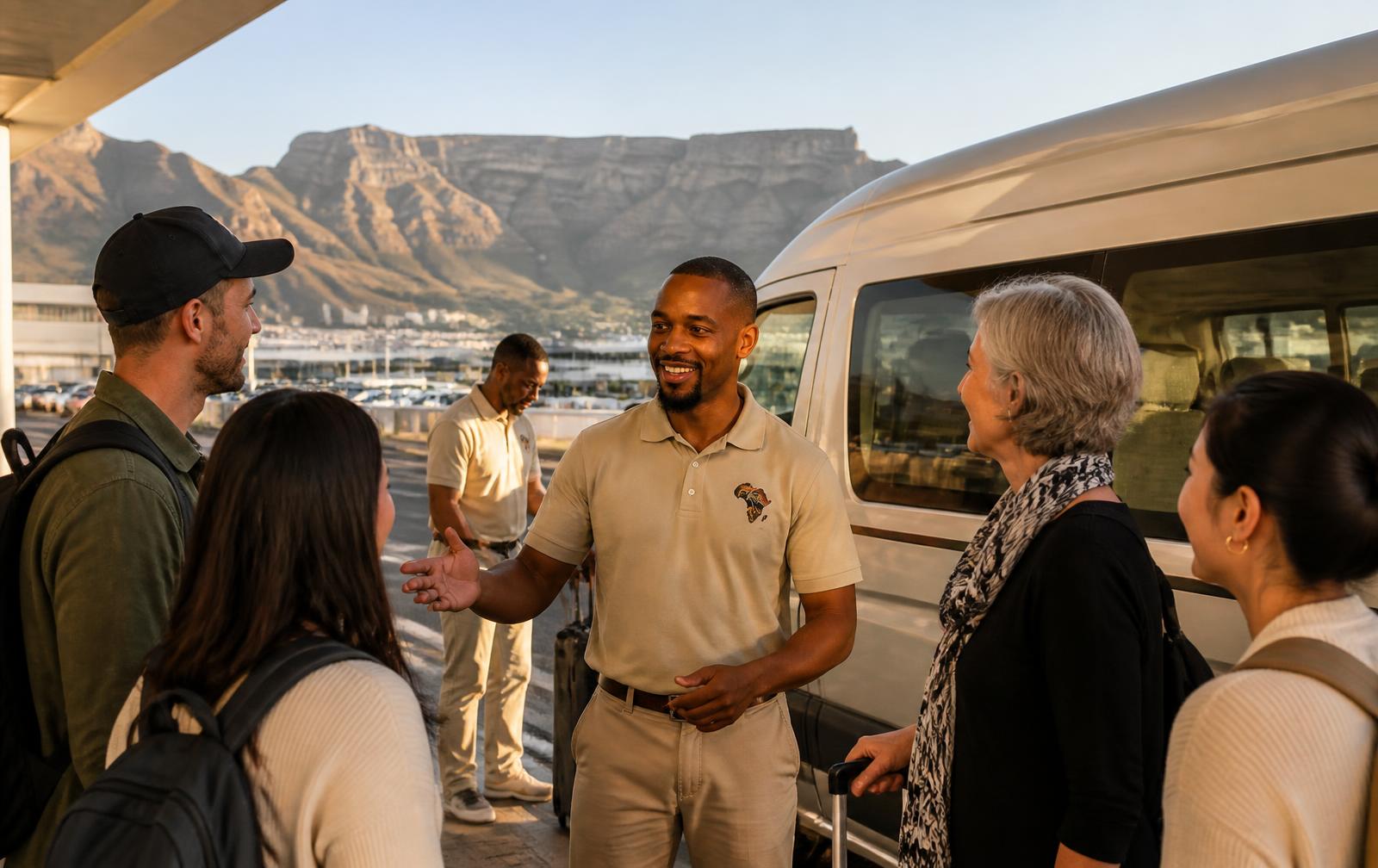 Multilingual SavannahLink tour guide welcoming international guests beside a transfer minibus at Cape Town International Airport