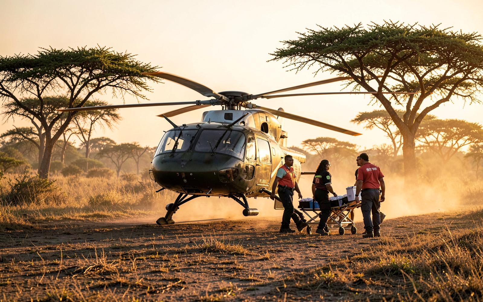 Medical evacuation helicopter and paramedic team with a stretcher on a remote Southern African savannah airstrip at sunset