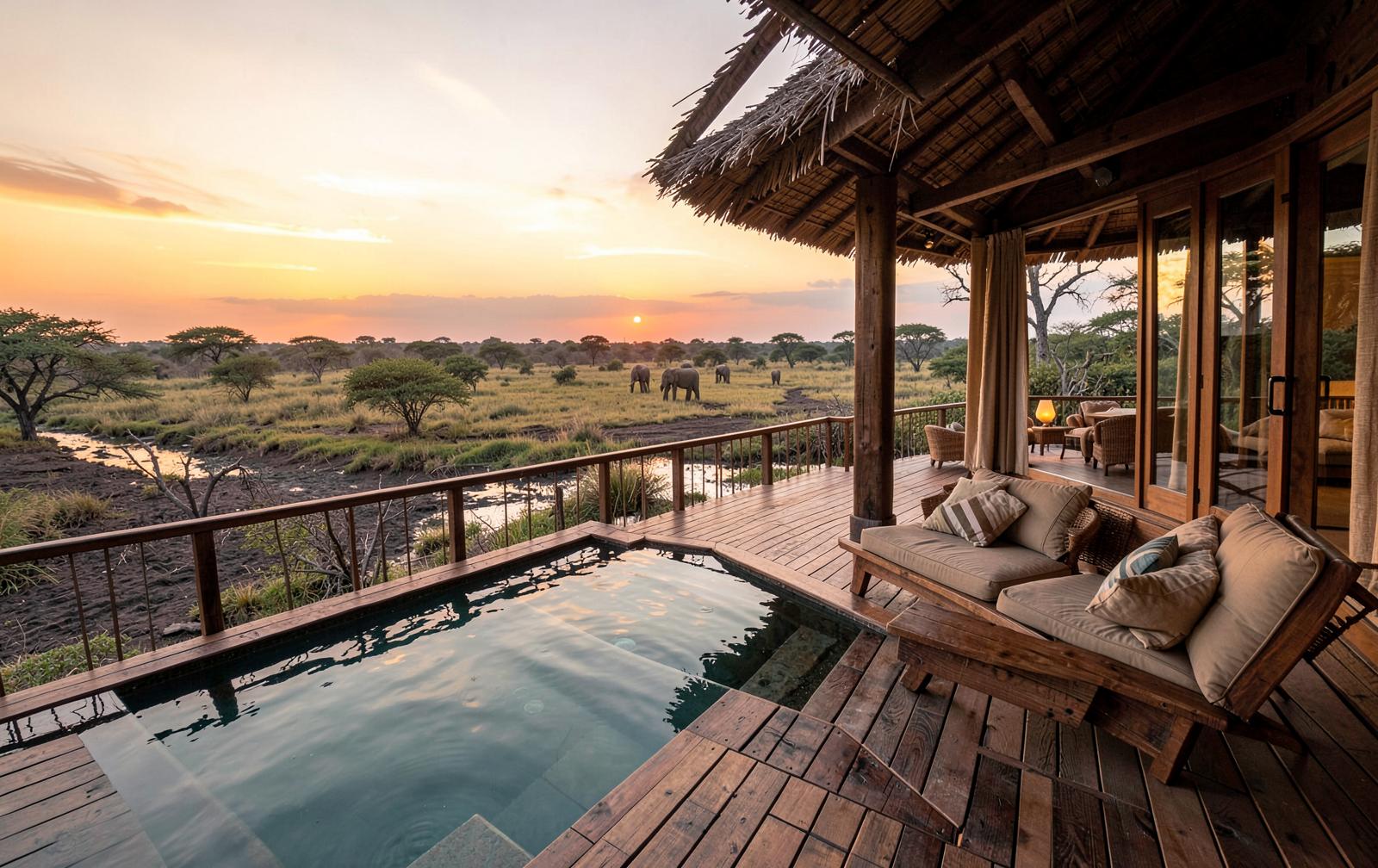 Luxury safari suite deck with plunge pool overlooking the Chobe floodplain at sunset with elephants grazing beyond