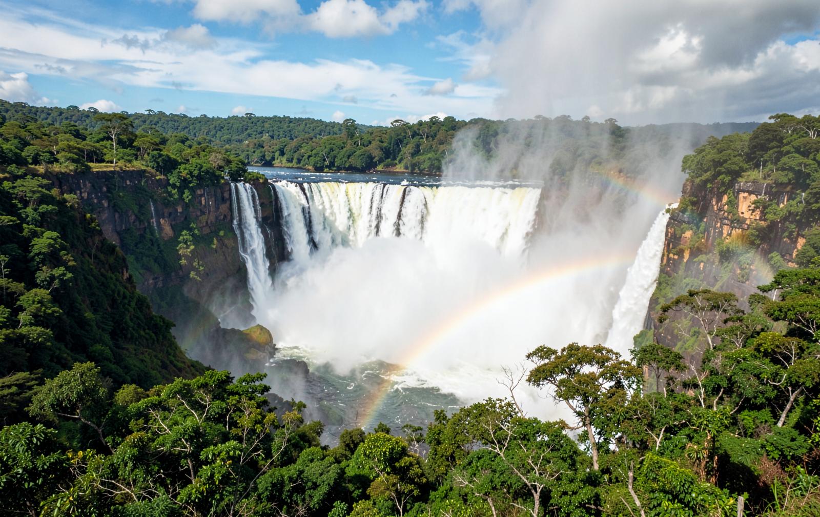 Victoria Falls with spray rising above the Zambezi gorge