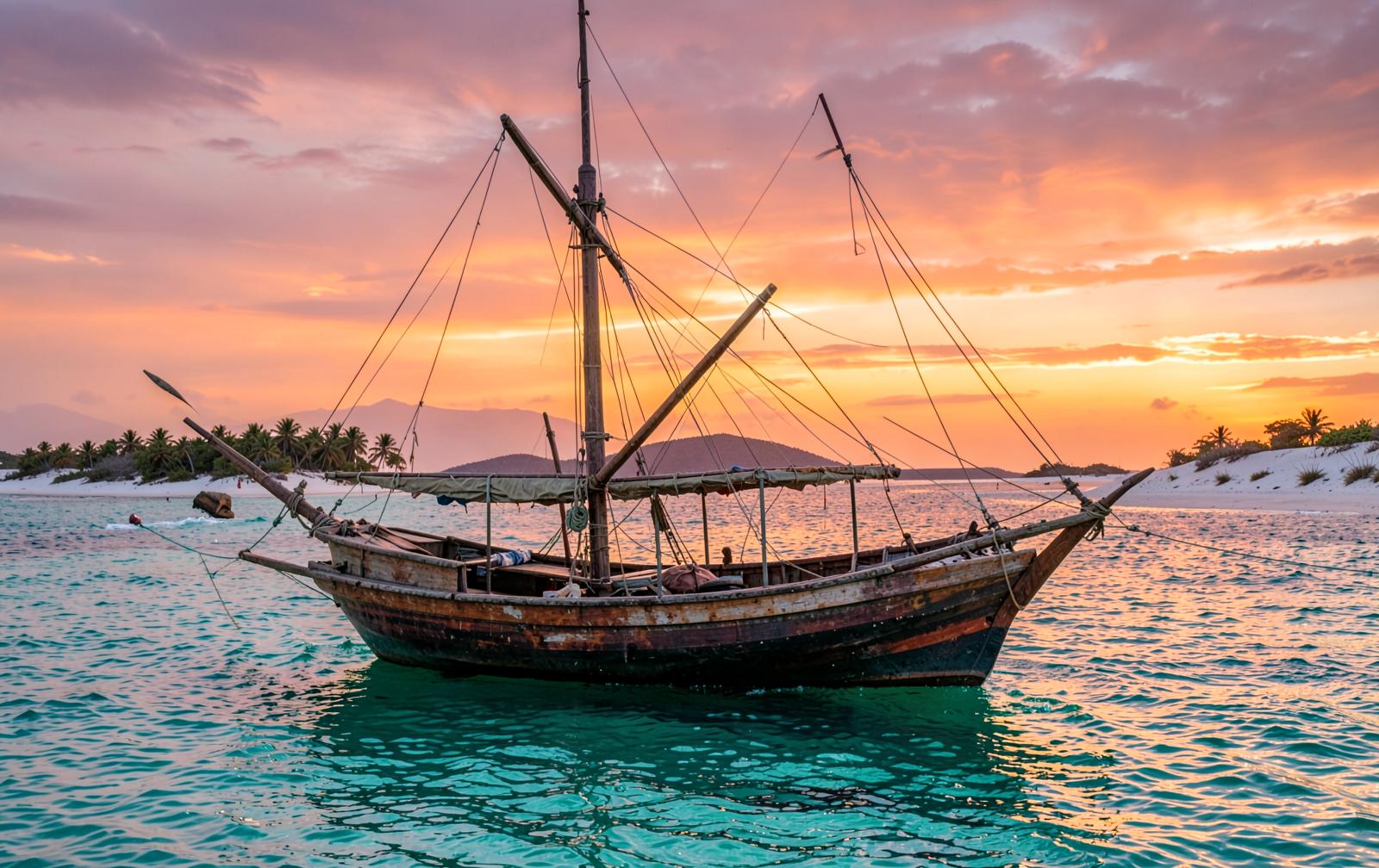 Traditional dhow sailing at sunset off the Bazaruto Archipelago in Mozambique